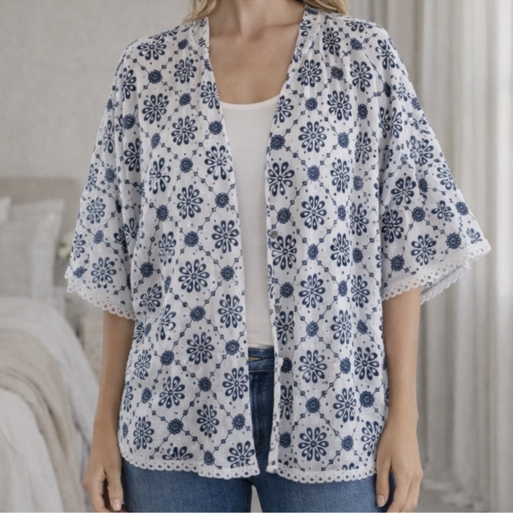 Valentina Naldi Floral Eyelet Kimono Cardigan One Size Boho Beach Resort Italy